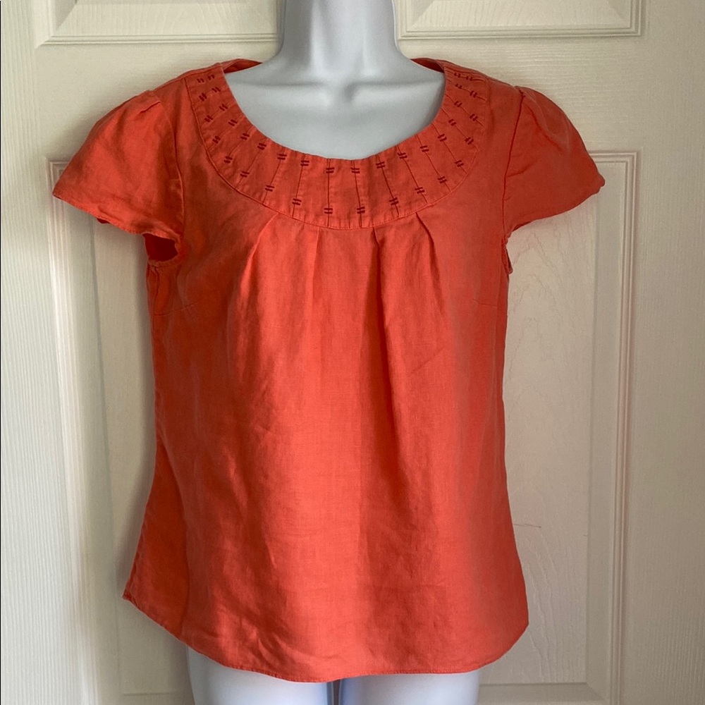 Boden Orange Puff Sleeve Blouse with Pleated Details size 4